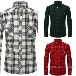 Camisa xadrez escovada masculina designer 2023 nova manga longa bolso duplo flanela camisas casuais 15 cores S-XXL