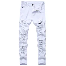 Mens Jeans White Fashion Hip Hop Ripped Skinny Men Denim Trousers Slim Fit Stretch Distressed Zip Jean Pants High Quality 230830