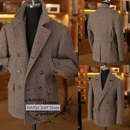 Abiti da uomo Blazer Cappotto corto da uomo a spina di pesce doppio petto Vintage Tweed marrone Moda uomo Blazer da sposa Slim Fit Casual Pendolarismo 230829