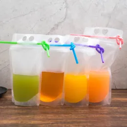Oz Bebida Malotes Sacos Fosco Zíper Transparente Stand Up Plástico Bebendo Saco Titular Reclosable Prova de Calor Com Palha