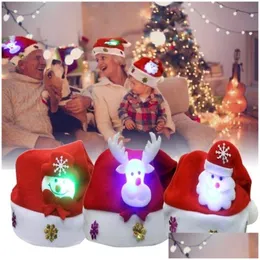 Julekorationer Nyår LED Lätt upp Xmas Party Night Santa Hat Kids ADT Claus Reindeer Snowman Drop Delivery Home Garden Festi Dhwjc