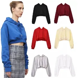 Crop Hoodies för kvinnor Solid Hooded Women's Sweatshirt Lång ärm Sexig kort Crop Top Hoodie