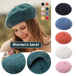 BERETS Fashion Sequin Women Plain Color Knit Beret Hat Lady French Artist Beanie UK Fall Winter Casual Warme Woolen 230830
