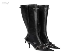Stövlar stövlar cagole designer stövlar kvinna vinter svart knähög boot stud buckle utsmyckad spetsig tå sexig stiletto häl riktig läder 1617036
