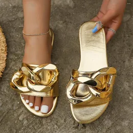 Frauen Sommermetall -Pantoffeln Dekorative Sandalen flache Ferse weibliche Outdoor Beach Casual Sexy Plus Size Slides 264 5