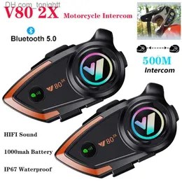 خوذة دراجة نارية جديدة داخليًا بوتوث سماعات Bluetooth V80 2x BT5.0 500M Communicator Interphone for 2 Riders 1000mAh IP67 Waterproof Q230830
