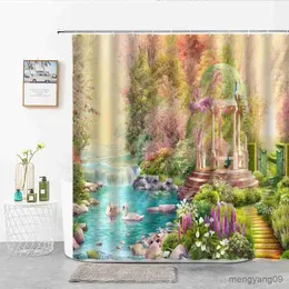 Duschgardiner handmålad färg idyllisk landskap duschgardin liten bro och flödande vatten europeisk vit paviljongbad gardiner R230831
