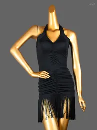 Scenkläder fast färgdans tango tassels klänning latin hög midja kvinnlig klädflicka tävlingskläder veckade klänningar för prom