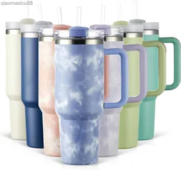 TKK 40 oz Tumblers with Handle and Straw Lid Insulated Reusable Stainless Steel Travel Mug Double Walled Iced Coffee Cup for Hot Cold Drinks Tie Dye Blue HKD230830