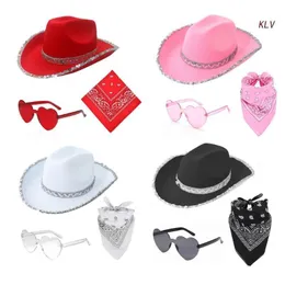 Breda randen hattar hink kvinnor cowboy hatt västra näsdukhjärta solglasögon set cosplay party dräkt fedora hatt huvudbonad 230829