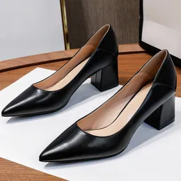 Klädskor 5 cm tjocka höga klackar mjuk läderpump spetsig tå varumärke design lady skor arbet professionell kvinnlig b007 230830