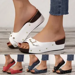 샌들 패션 여성 여름 웨지 버클 스트랩 단색 편안한 신발 해변 오픈 발가락 통기 가능
