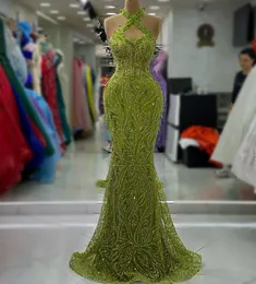 2023 ASO EBI Arabic Green Mermaid Dress Crystals Cequined Lace Evening Formal impreza Drugi odbiór urodzinowe suknie zaręczynowe sukienki szata de soiree ZJ234