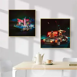 Canvas Painting Modern Astronaut Space Neon Sign House Car Poster Wall Art Abstract Print Picture Living Room Boys Bedroom Bar Home Decor No Frame Wo6