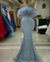 2023 Aso Ebi Arabic Mermaid Sky Blue Prom Dress Beaded Crystals Sexy Evening Formal Party Second Reception Birthday Engagement Gowns Dresses Robe De Soiree ZJ734