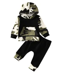 Kläder sätter Citgeett Toddler Baby Kids Boys Camo Black Hooded Pocket Tops Pants 2st.