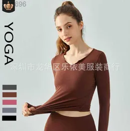 2023 Desginer Al Yoga t Short Top Suit Long Sleeved Women's Elastic V-neck Slimming Running Outerwear with a Base Fitness Sports Top