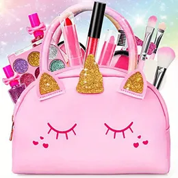 Piękno moda dla dzieci prawdziwy zestaw do makijażu dla małych dziewcząt z różową torbą jednorożca non toksyczne zmywalny prezent makijażowy udawaj grę 230830