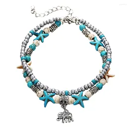 Anklets Beach Elephant Anklet Foot Pendant Decorative Beads Manual Women Style Bracelet Double-layer Charms