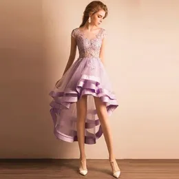 Purple Sheer Scoop Neck Homecoming Dresses Applique Zipper Back Sexy Girls' Cocktail Party Gowns High Low Short Tulle Prom Dress