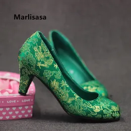 Sapatos de vestido Marlisasa Mulheres Bonito Peso Leve Padrão Floral Verde Deslizamento em Bombas de Salto Alto Senhoras Casamento Casual Bordado Vermelho H5519 230830