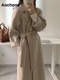 Womens Wool Blends Aachoae Women Elegant Long Coat With Belt Solid Color Sleeve Chic Outerwear Ladies Drop Shoulder Overcoat 230830