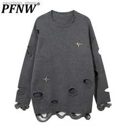 Pfnw Męski Zima Zima Nowa przypływ SWEATER O-Neck moda luźne dopasowane punkowe dziury żebrakowe pullover w stylu ciemności tops 12z4280 Q230830