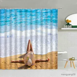 Duschvorhänge Sexy Frau Meereswellen Sonnenuntergang Landschaft Duschvorhang Strand Baum Blatt Ozean Landschaft Badezimmer Dekor Meerblick Hintergrund Vorhänge R230830