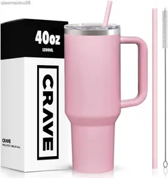 Crave Cups 40oz med handtag och halmisolerat rostfritt stål Dubbel väggutsläpp Vattenflaska Travelmugg L Cupholder Friendly Vacuum Sealed Tumblers 230830