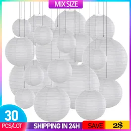 Andra evenemangsfestleveranser 30 st/lot 4 ''-12 '' Mix Size Chinese Paper Ball Lampion Hängande Vit bröllopsdekoration Papper Lykta Lampshade Party Decor 230829