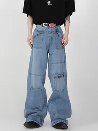 Jeans masculinos houzhou baggy carga homens denim perna larga calças masculinas oversize casual streetwear hip hop bolso zíper estilo safari