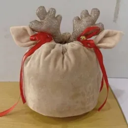 Partihandel Custom Cute Cute Reindeer Velvet Drawstring Santa Sack Antler Christmas Gift Bag FY5807 0830