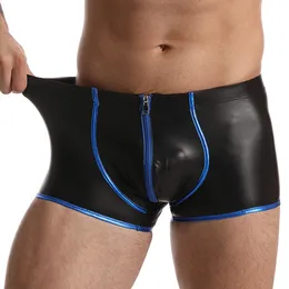 Cuecas sexy zíper boxer homem roupa interior deslizamento faux couro briefs gay bulge bolsa shorts preto molhado desempenho masculino 230829