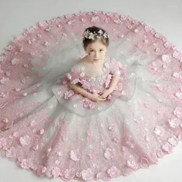 Vestidos da menina 3d applique vestido de flor rosa crianças princesa manga curta até o chão a linha casamento tule baile baile pageant vestidos 2023