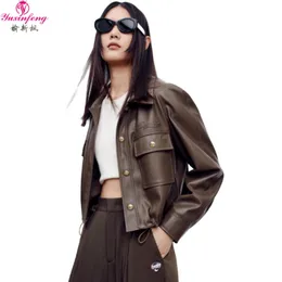 Womens Leather Faux Yuxinfeng Women Autumn Brown Jacket Drawstring Casual Loose Long Sleeve Lapel Jackets Ladies Short Pu Coat 230831