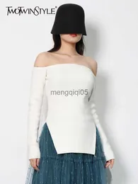 Women's Sweaters TWOTWINSTYLE Solid Minimalist Sweater For Women Square Collar Long Sleeve Slim Knitting Pullover Female Fashion Clothing 2022 HKD230831