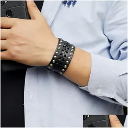 Charm Bracelets Black Leather Wristband Bracelet Cuff Goth Gothic Punk Men Stud Armbands Cosplay Can Be Adjusted Jewelry Drop Delivery Dhmqn