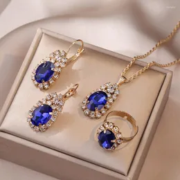 Necklace Earrings Set For Women Red Blue Green Zircon Pendant Ring 4 Pcs Vintage Gifts 2023 Luxury Wedding Jewelry