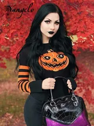 Kvinnors tröjor Yangelo Halloween Gothic Pumpkin Printed Mönster Patchwork Pullover Knäckt tröja Kvinnor Punk Grunge Långärmhet Varm tröja HKD230831