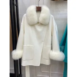 Mulheres misturas de lã europeia e americana moda de rua inverno casacos de lã gola de pele outerwear mutável rendas jaqueta feminina 230830