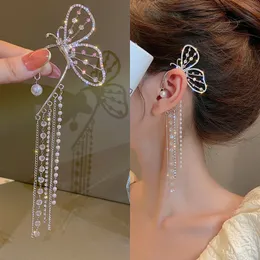 Ear Cuff Lats Fashion Crystal Butterfly Clip Earring For Women Pearl Bead Long Tassels Charm Hollow örhängen smycken gåvor 230830