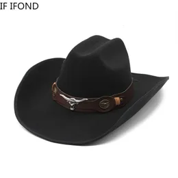 Wide Brim Hats Bucket Fashion Bull Head Decoration Western Cowboy 95CM Church Gentleman Lady Jazz Cowgirl Cap 230830