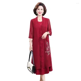 Casual Dresses Autumn Mother Of The Bride Red Long Sleeve Ruffles Knee-length 2-piece Set Dress Women Party Wedding Guest