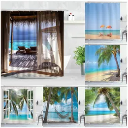 Cortinas de chuveiro à beira-mar praia cortinas de chuveiro palmeiras tropicais planta oceano havaí férias natureza cenário cortina de banho verão decoração de banheiro 230831