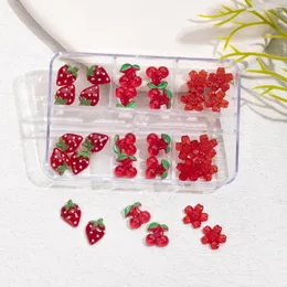 네일 아트 장식 30pcs 혼합 체리 딸기 꽃 꽃 부품 레드 아크릴 수지 3D 매력 DIY 장식
