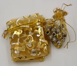 Heta smycken packar 100 st guld hjärta organza påse bröllop favorit presentpåsar zz