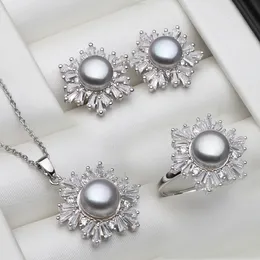 Wedding Jewelry Sets Real 925 Silver Necklace Earring 45cm Pearl Women wedding Grey Natural Freshwater Fine Bridal 230831