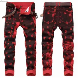 Mens Skull Prints Elastic Denim Pants Street Fashion Paint Prints Red Jeans Slimming Casual Pants Jeans LST230831