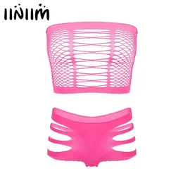 Iiniim Womens Sexy Lingerie Sets Breast Hollow Out Sissy Club Clothes Sleeveless Fishnet Crop Top With Briefs Panties Underwear Br2718