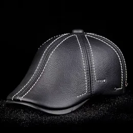 BERETS 2023高品質の牛革本革のメンキャップハットファッションメンズリアルアダルトストライプ帽子暖かい冬230830